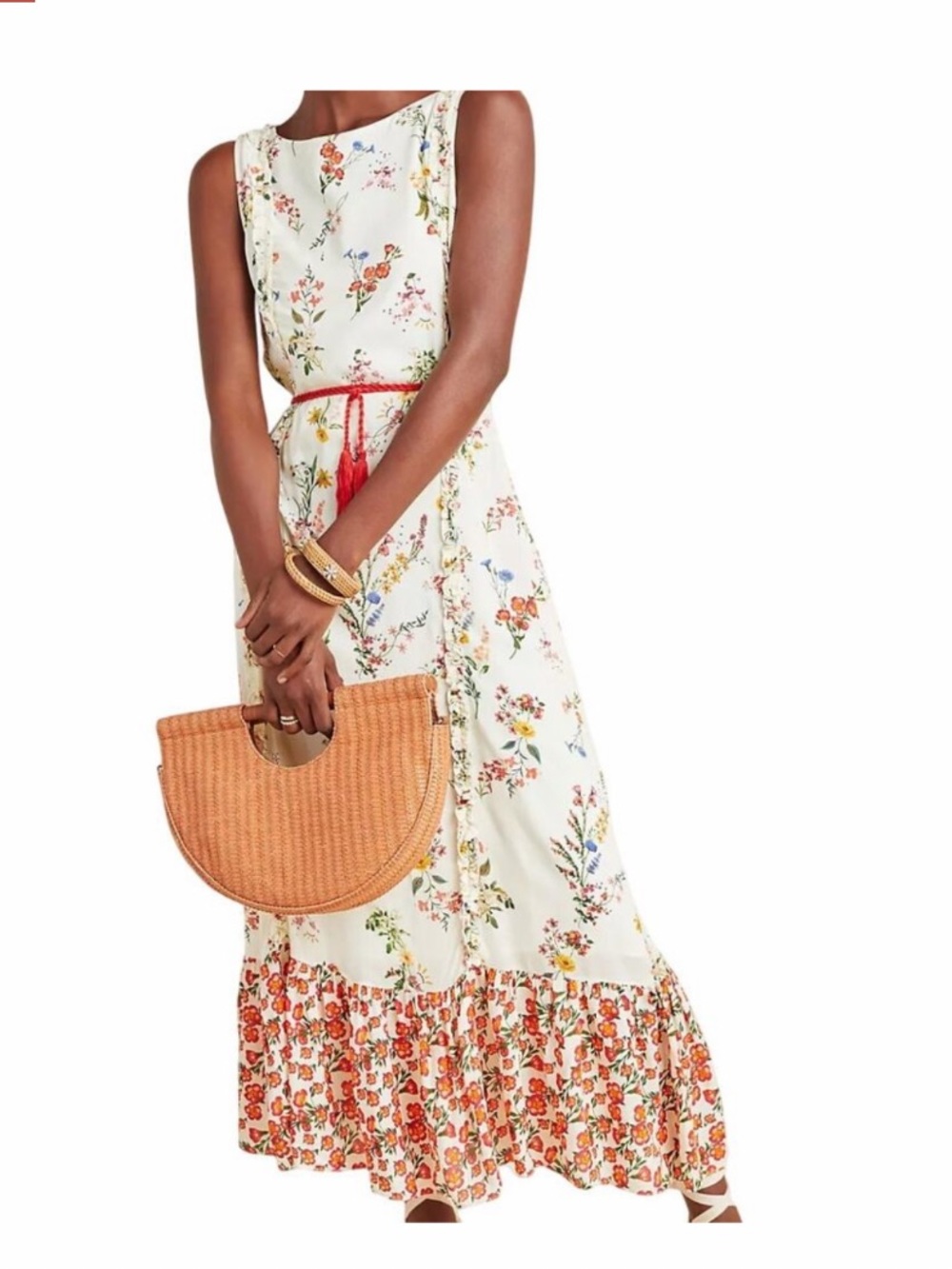 FARM Rio Jemima Cream Floral Maxi Dress with Red Tassel Waist